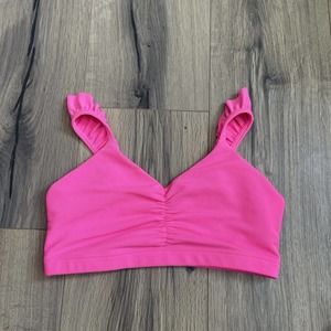 Onzie M/L La Femme Flirty Ruffle Strap Cinched Sports Bra Hot Pink Ribbed
